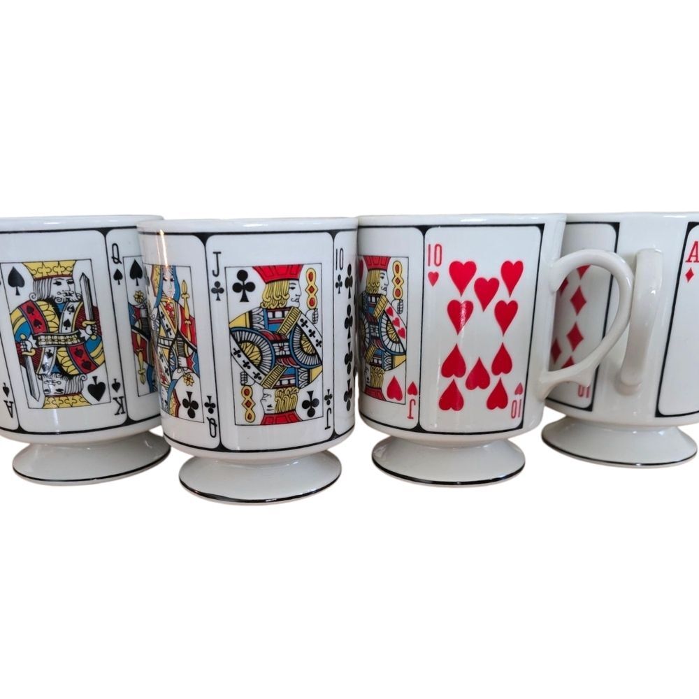 Vintage Set of 4 PLAYING CARDS Porcelain Coffee Tea Footed Mugs *Made in Japan*